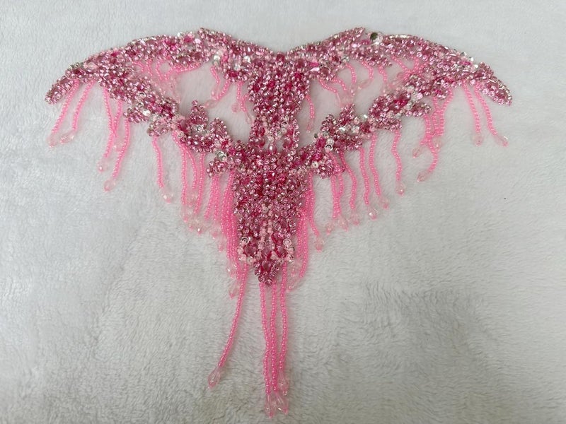 MOPISVN Handmade Crystal on lace Applique Sewing Rhinestones Fringe Beads Sequins Patches Trim Luxury Decoration Accessories for Wedding Dress 17X12.5inches (Pink) - Image 4